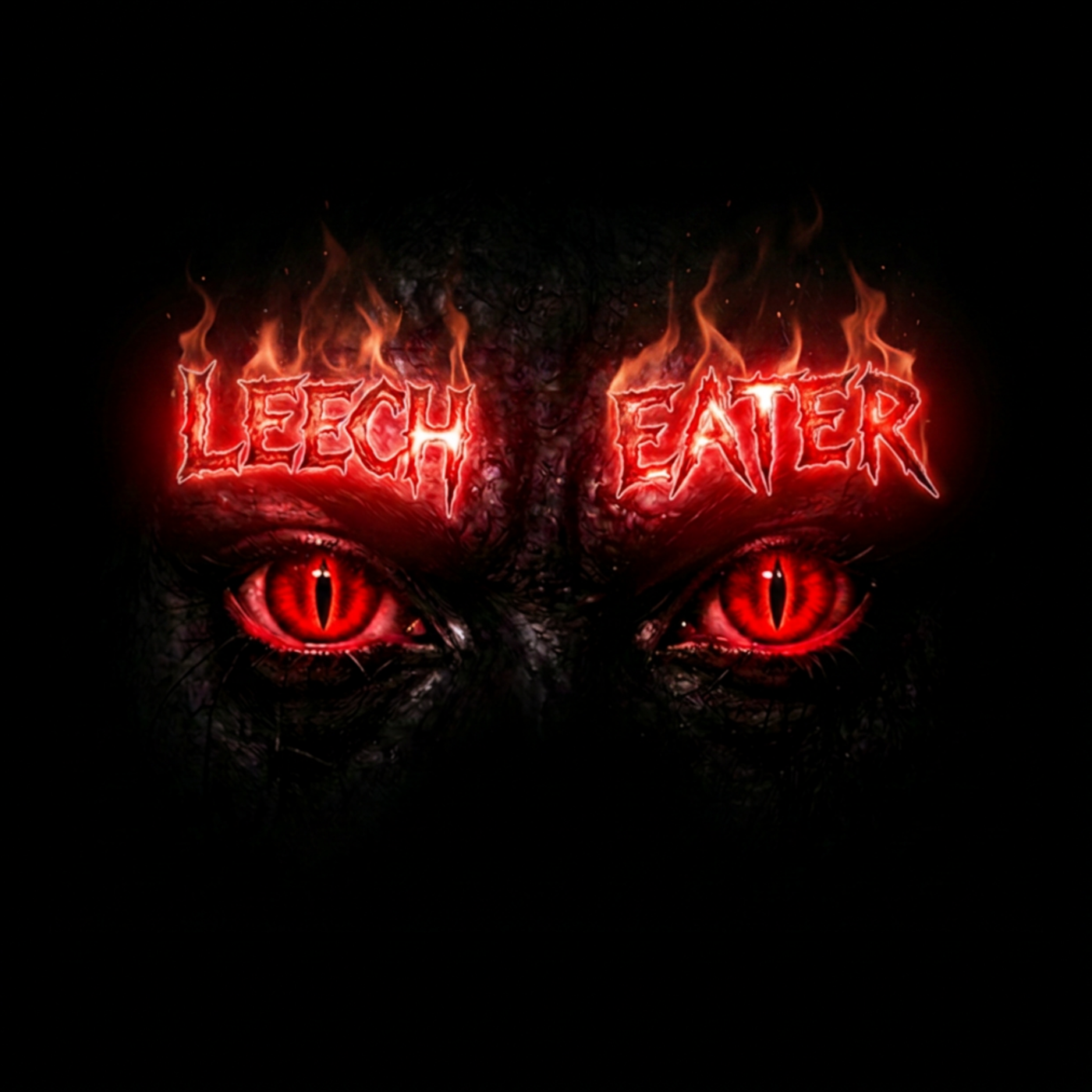 Leech Eater logo, burning letters over watching eyes